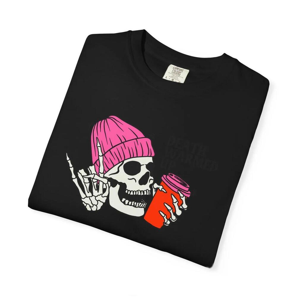 Skull With Beanie & Coffee T-Shirt Death Warmed Up Graphic Tee